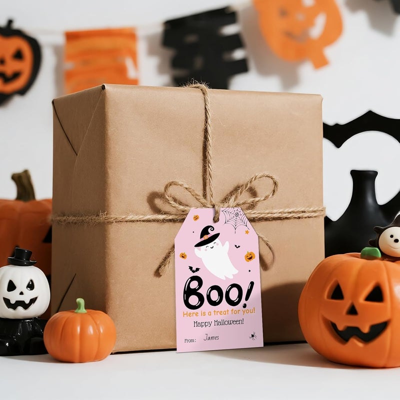 Alynta Halloween Tags with String - 50Pcs Happy Halloween Paper Gift Tags Boo Tag Pumpkin Ghost Name Tag Labels for Goodie Bags Gift Wrapping Halloween Decorations (Pink) - Image 5